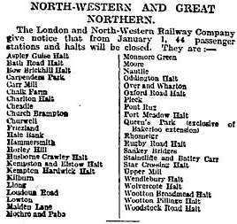 List of stations and halts closed by London and North West Railways (Times 22/12/1916)