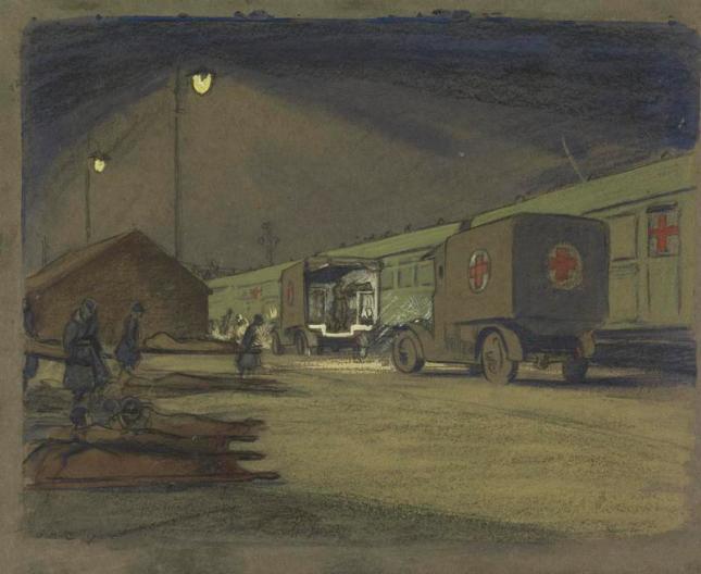 Etaples Hospital Siding : a VAD convoy unloading an ambulance train at night 1917, by Olive Mudie-Cooke  © IWM (Art.IWM ART 3089)