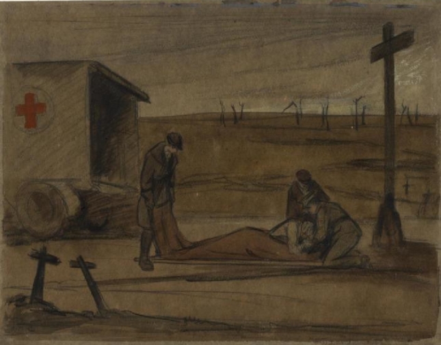 After the War : a VAD ambulance bringing in French peasants wounded by shells left on the Somme Battlefield. Beaulencourt Convoy, by Olive Mudie-Cooke  © IWM (Art.IWM ART 3087)