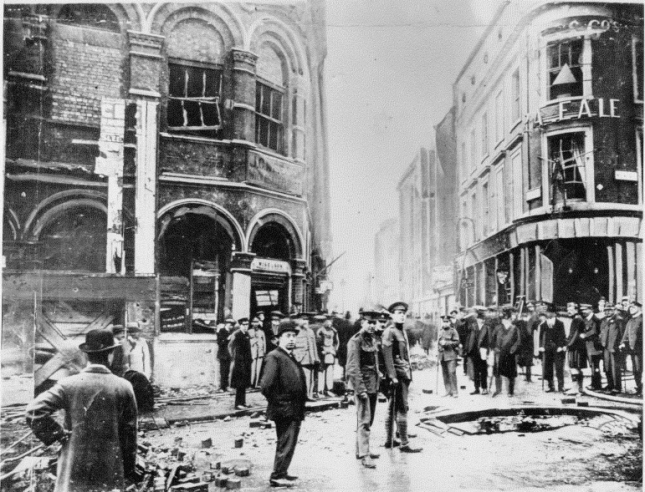 Damage caused by the second bomb to fall in Westminster, on Wellington Street near the Lyceum