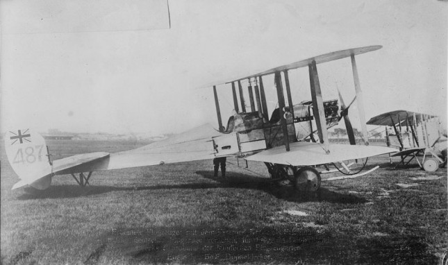 BE2a (Bleriot) aeroplane of the type flown by Joubert and Mapplebeck in August 1914 (note Union Flag on the tail rather than the tricolour used later)