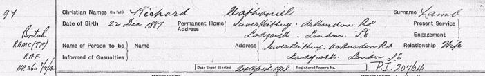 R.N.Lamb's service record, showing the name his house in Arthurdon Road went by in 1918: "Inverkeithing"